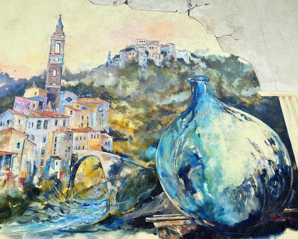 Dolcedo, olijvendorp in de Prino-vallei (aquarel)